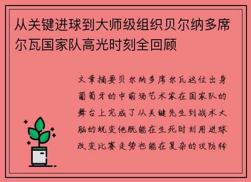 从关键进球到大师级组织贝尔纳多席尔瓦国家队高光时刻全回顾