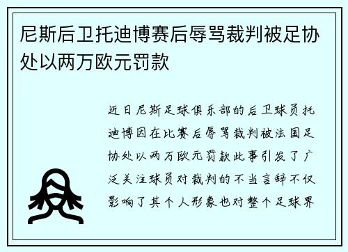 尼斯后卫托迪博赛后辱骂裁判被足协处以两万欧元罚款 尼斯后卫托迪博赛后辱骂裁判被足协处以两万欧元罚款